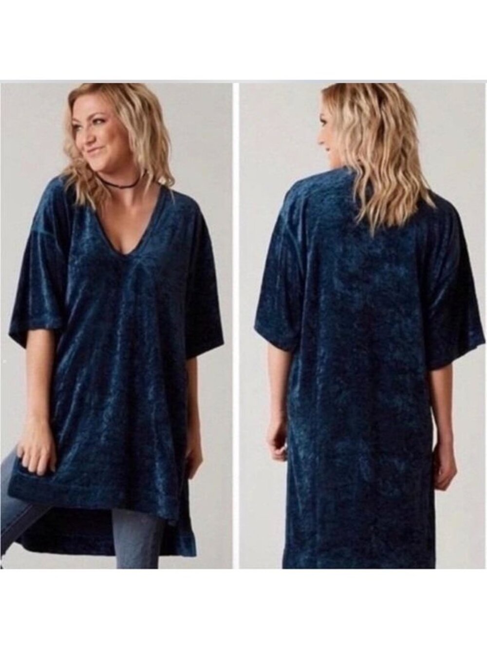 We The Free Blue Crushed Velvet V-Neck Tunic Womens Size L